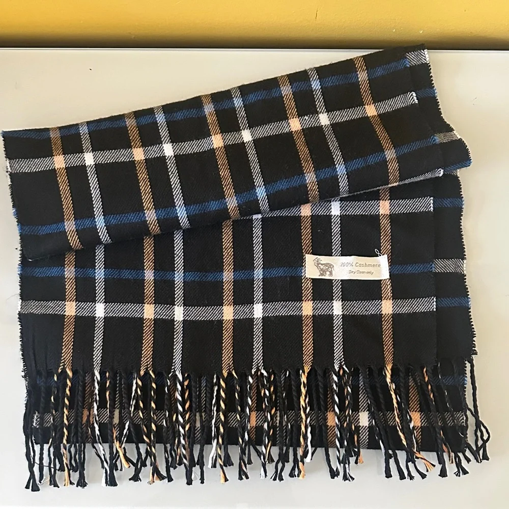 100% Cashmere Black and Blue Plaid Scarf with Fringe